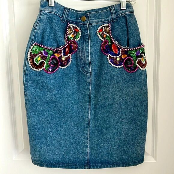 EREZ Vintage Handmade Hong Kong Denim Skirt Beaded Sequins 1 of a Kind Sz 6/8 - Picture 1 of 8